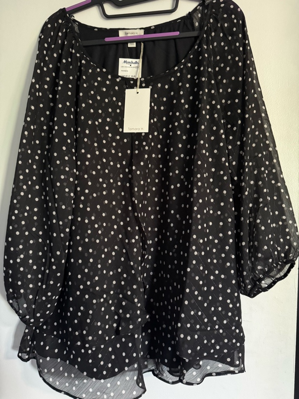 *NEW* Sz 2x Tamara H Black Layered Polka Dot Blouse